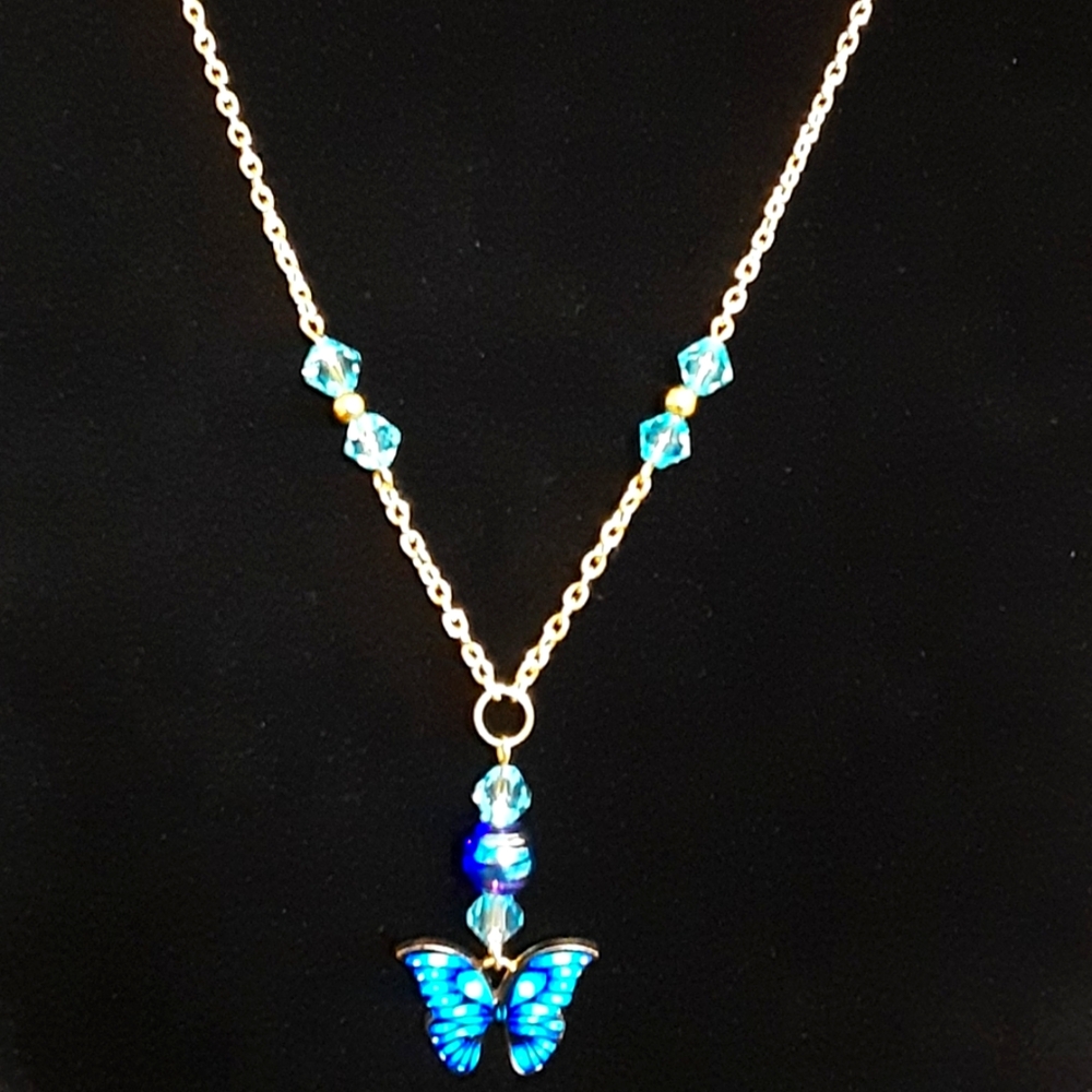 Handmade Butterfly Necklace Blue 20" Chain